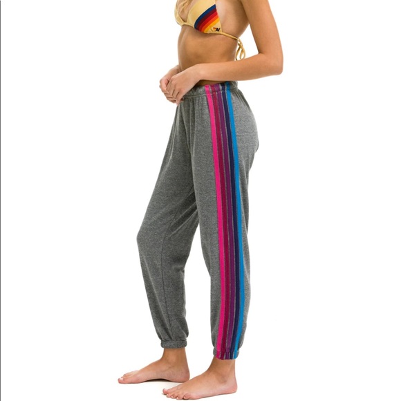 Aviator Nation Pants - Aviator Nation Women’s 5 Stripe Sweatpants - Heather Grey/Pink Purple